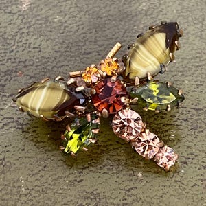 stunning metal agate and glass fly brooch