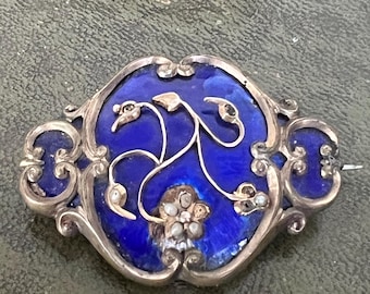 stunning blue enamel mourning brooch with seed pearls and mourning hair . pinchbeck some wear and seed pearl loss