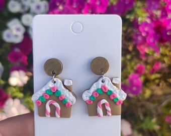 Handmade Polymer Clay Gingerbread House Earrings – Holiday Jewelry, Christmas Gift, Whimsical Candy-Inspired Accessories