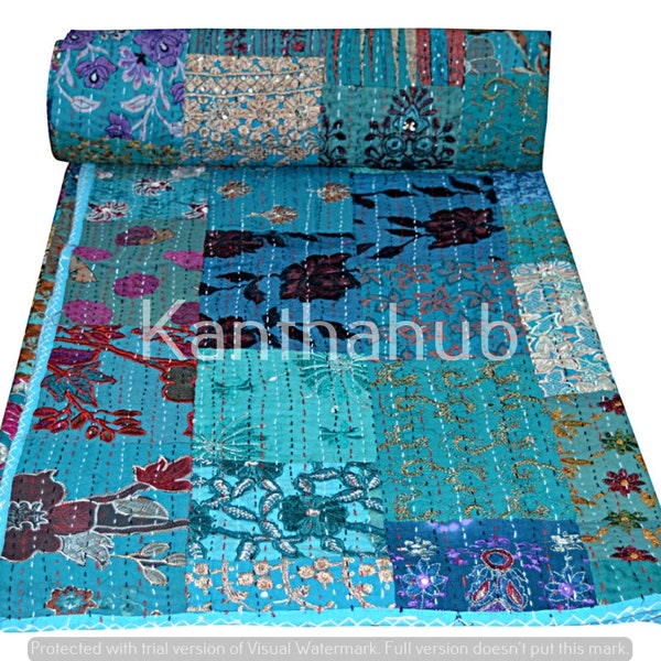 Patchwork Turquoise Kantha Quilt Indian Cotton Traditional Handmade Throw Blanket Bedspread Twin Bohemian Vintage Bedding Bed cover Gudri