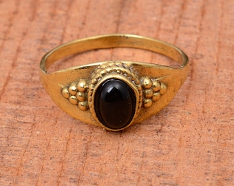 Handmade Brass Black Obsidian Ring, Adjustable Boho Jewelry