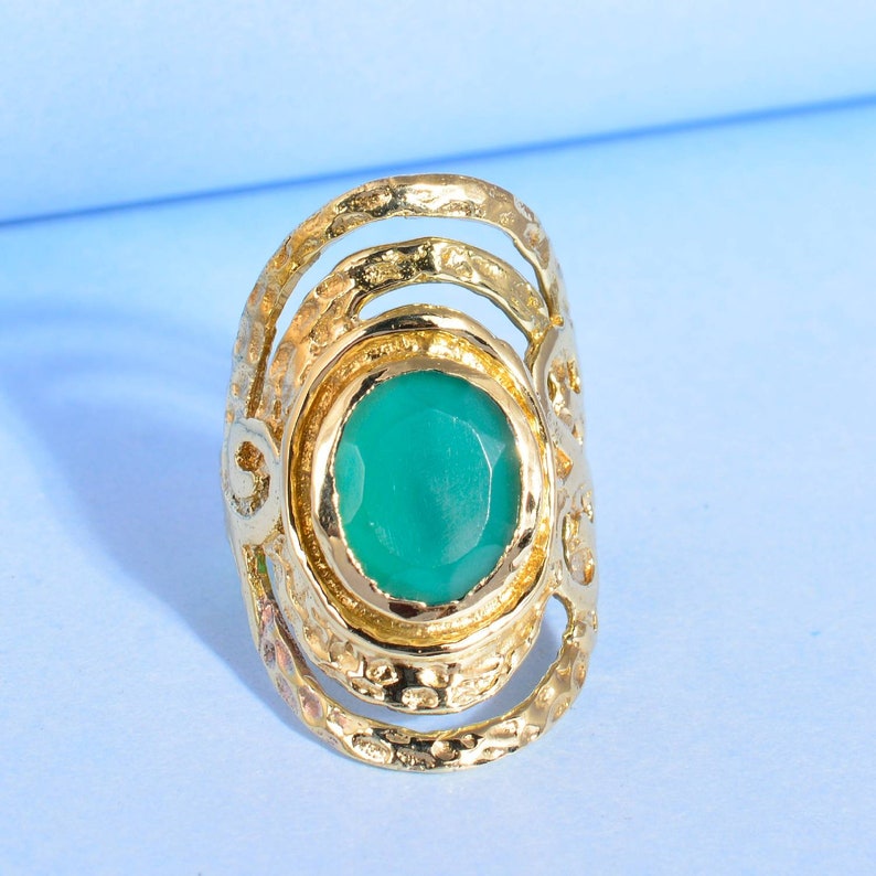 Engagement Ring Gift for Her-0403 Gemstone Ring Light Green Jade Stone Ring-Adjustable Brass Ring Handmade Brass Ring