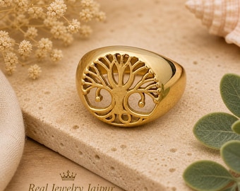 Anello Albero della Vita in oro, anello minimalista con sigillo ispirato alla natura, gioiello con simbolo spirituale, anello unisex di tendenza, regalo per lei e per lui