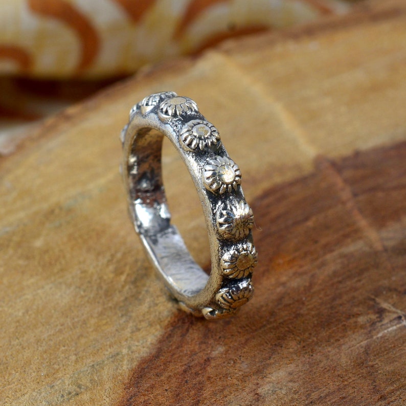 Hippie Jewelrygift item Stacking Ring Valentine Gift Sterling Silver Daisy Ring Flower embossed Hippy Wedding Band Stacker