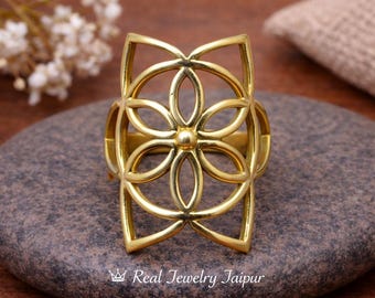 Gold Flower of Life Ring, Sacred Geometry Ring, Spiritual Symbol Jewelry, Minimalist Brass Ring, Handmade Gift for Her