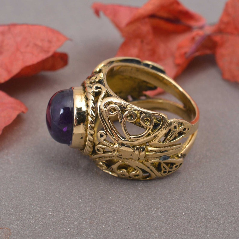 Amethyst birthstone ring gold thumb ring amethyst ring Birthstone ring wide gemstone ring brass gemstone ring gold ring thin ring