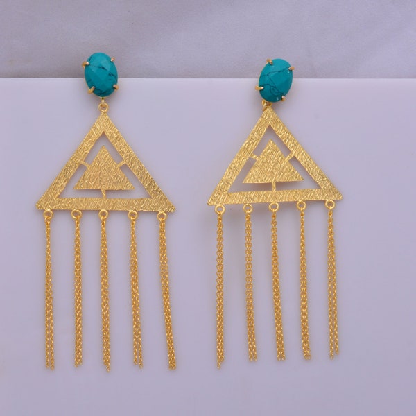 Triangle Turquoise Stone Brass Earrings / Gold Earrings-Minimalistic Jewelry, Everyday Earrings  Mothers Day Gift from Daughter-0209