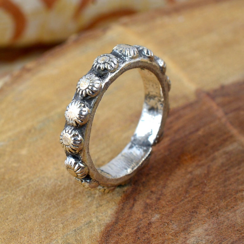 Hippie Jewelrygift item Stacking Ring Valentine Gift Sterling Silver Daisy Ring Flower embossed Hippy Wedding Band Stacker