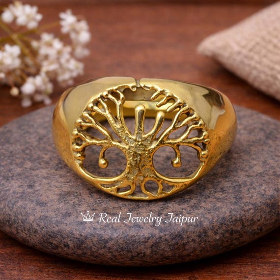 Tree of Life Statement Ring Gold, Nature Inspired Jewelry, Spiritual Ring, Handmade Brass Gift