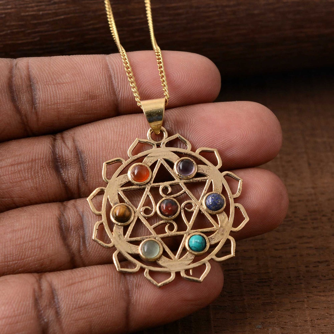 Brass 7 Chakras Stone Pendant, Handmade Pendant,brass Pendant,chakras