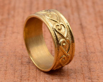 Handmade Brass Band Ring: Thick Wedding Band with Heart Design