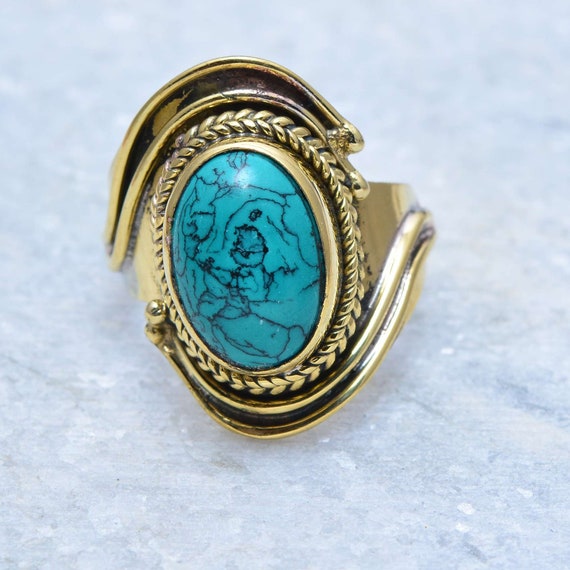 Handmade Brass Turquoise Ring: Boho Gemstone Jewelry