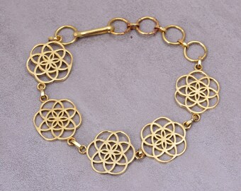 Pulseira Flor da Vida feita à mão | Joias de latão com geometria sagrada | Pulseira ajustável para festivais | Pulseira estilo yoga com presente boho espiritual para ela