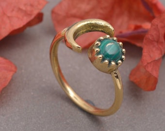 Brass Half Moon Malachite Ring: Adjustable Boho Jewelry