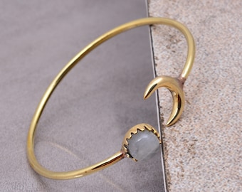 Handmade Brass Moonstone Bangle: Adjustable Boho Cuff Bracelet