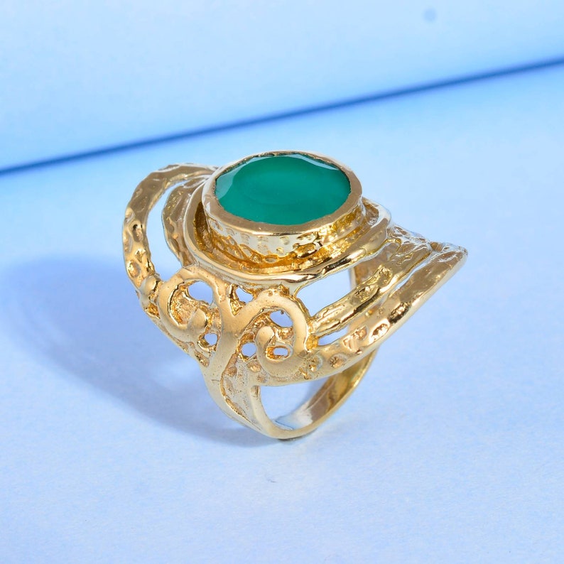 Engagement Ring Gift for Her-0403 Gemstone Ring Light Green Jade Stone Ring-Adjustable Brass Ring Handmade Brass Ring