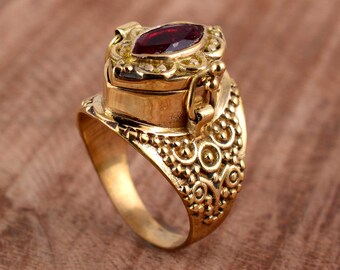 Garnet Brass Poison Ring, Secret Box Locket Ring, Boho Jewelry