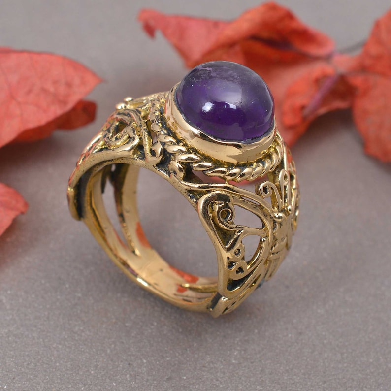 Amethyst birthstone ring gold thumb ring amethyst ring Birthstone ring wide gemstone ring brass gemstone ring gold ring thin ring