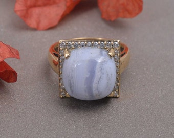 Handmade Blue Lace Agate Ring: Gold-Plated Square Statement Ring