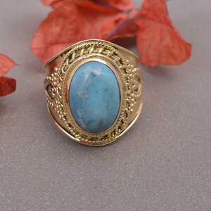 Handmade Brass Larimar Ring: Boho Gemstone Statement Jewelry