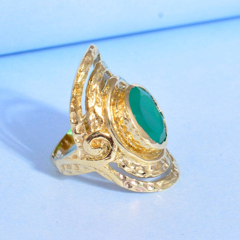 Engagement Ring Gift for Her-0403 Gemstone Ring Light Green Jade Stone Ring-Adjustable Brass Ring Handmade Brass Ring