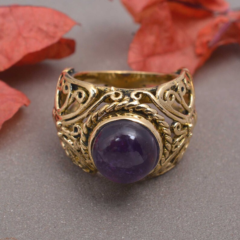 Amethyst birthstone ring gold thumb ring amethyst ring Birthstone ring wide gemstone ring brass gemstone ring gold ring thin ring