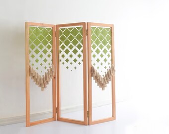 Modern room divider large fiber art | privacy folding screen panel art | free standing decorative panel | see through indoor wood screens |