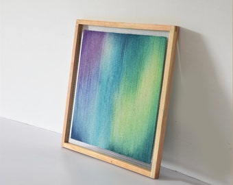 CIEL Fiber Artwork – Blue Green Textile Yarn Art, Wooden Frame