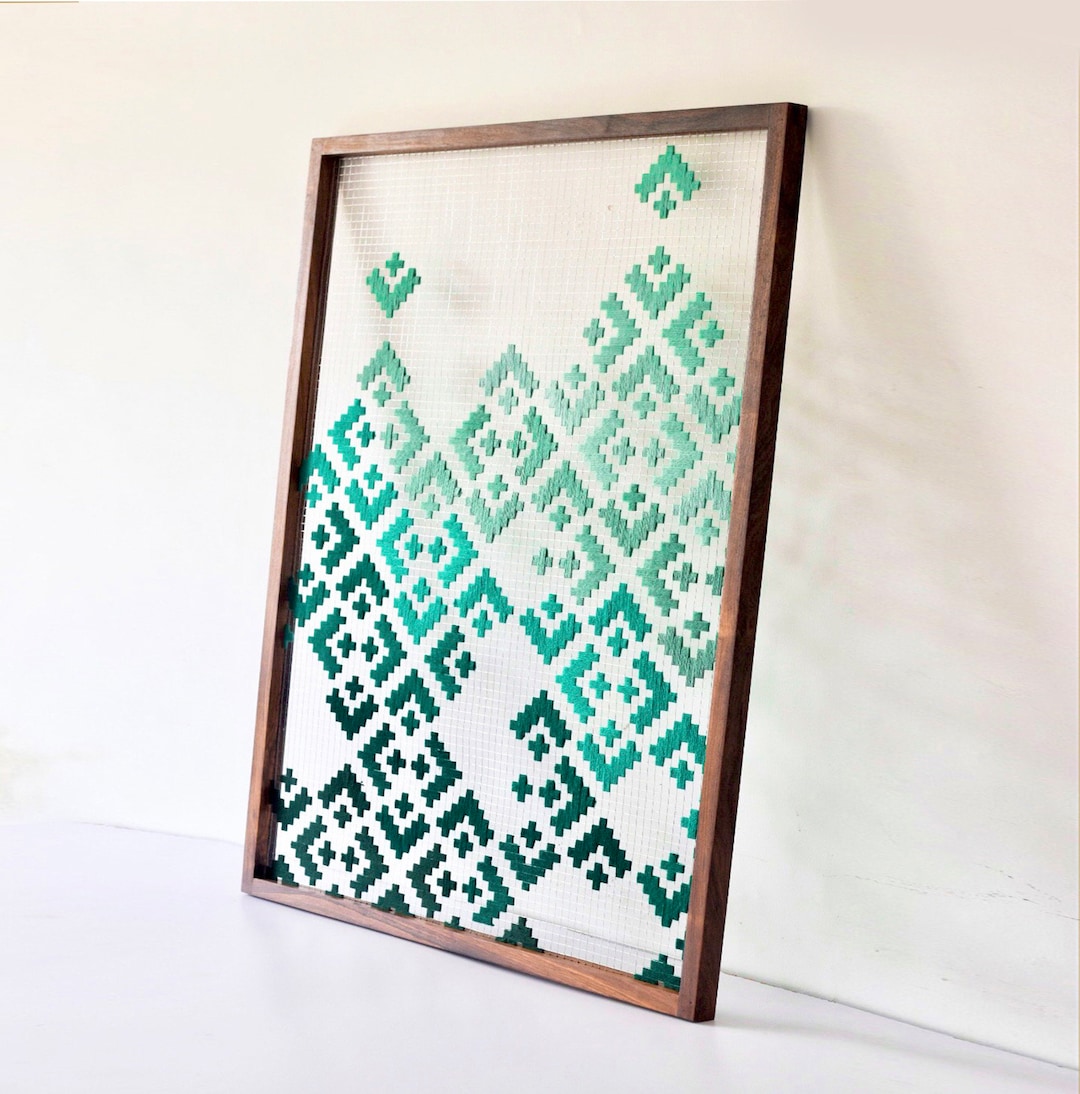 Extra Large Green Woven Wall Art Textile Contemporary Modern Geometric