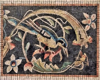 Réplique en mosaïque de Zeus et Ganymède « L’oiseau et la sauterelle », mosaïque de copie romaine, œuvre d’art en mosaïque, oiseau mosiac, panneau d’art mural en mosaïque