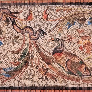 Frise de mosaïque naturaliste avec acanthe et faune, Reproduction d’art romain, Œuvres d’art en mosaïque, Art de la faune, Art mural en mosaïque, Décoration intérieure