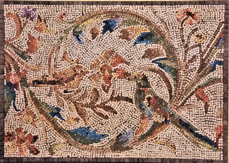 Frise de mosaïque dart romain naturaliste avec des oiseaux et de lacanthe, copie de mosaïque romaine, œuvre dart en mosaïque, mosaïque faite à la main, panneau mural en mosaïque image 1