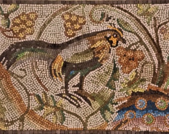 Mosaïque du rouleau de vigne - « Le coq », mosaïque de copie romaine, œuvre d’art en mosaïque, réplique de mosaïque antient, mosaïque faite à la main, panneau d’art mural en mosaïque