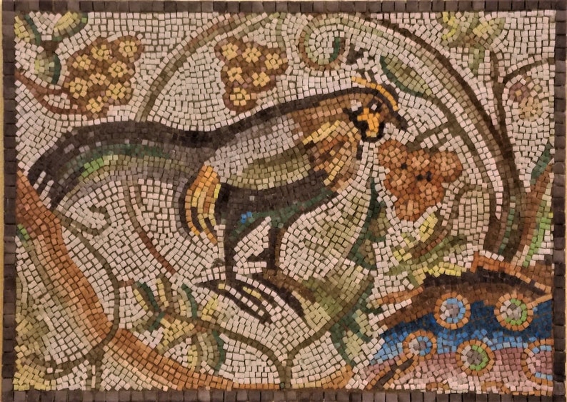 Mosaïque du rouleau de vigne Le coq, mosaïque de copie romaine, œuvre dart en mosaïque, réplique de mosaïque antient, mosaïque faite à la main, panneau dart mural en mosaïque image 1