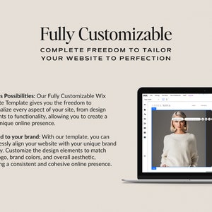 May include: A laptop computer displaying a website editor with a mockup of a fashion website. The website features a model wearing a white sweater and the text "AMHER NOVA" and "WELCOME".