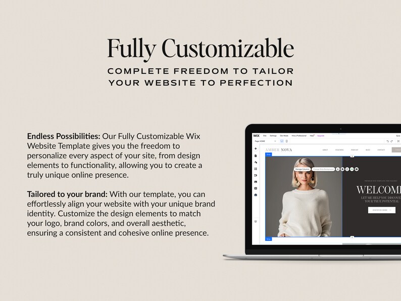 May include: A laptop computer displaying a website editor with a mockup of a fashion website. The website features a model wearing a white sweater and the text "AMHER NOVA" and "WELCOME".