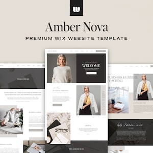 May include: Website template for business and career coaching. The template features a modern design with a black and white colour scheme. The text "Amber Nova" is displayed in a large font at the top of the page. The website also includes a welcome section, a business and career coaching section, and a tips and resources section.