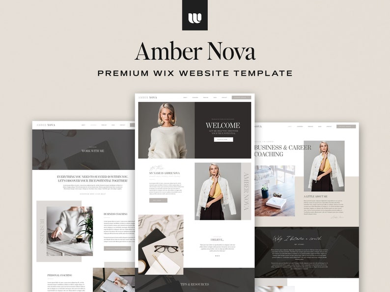 May include: Website template for business and career coaching. The template features a modern design with a black and white colour scheme. The text "Amber Nova" is displayed in a large font at the top of the page. The website also includes a welcome section, a business and career coaching section, and a tips and resources section.