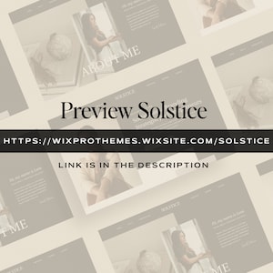 May include: A website preview for a branding and strategy service called "Solstice". The website features a beige background with a black and white image of a woman and the text "About Me" and "Solstice".