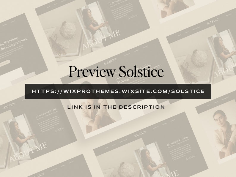 May include: A website preview for a branding and strategy service called "Solstice". The website features a beige background with a black and white image of a woman and the text "About Me" and "Solstice".