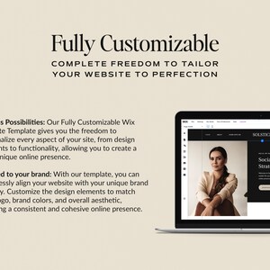 May include: A laptop computer displaying a website template with the text "SOLSTICE Social Media Branding Strategist for Entrepreneurs". The website is customisable and allows users to create a unique online presence.