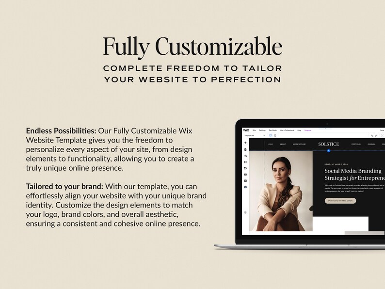 May include: A laptop computer displaying a website template with the text "SOLSTICE Social Media Branding Strategist for Entrepreneurs". The website is customisable and allows users to create a unique online presence.