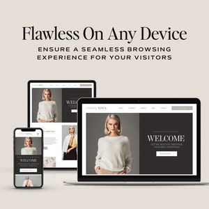 May include: A website design mockup showing a website on a laptop, tablet, and smartphone. The website has a black and white colour scheme with the text "Welcome" and "Let me help you discover your true potential".