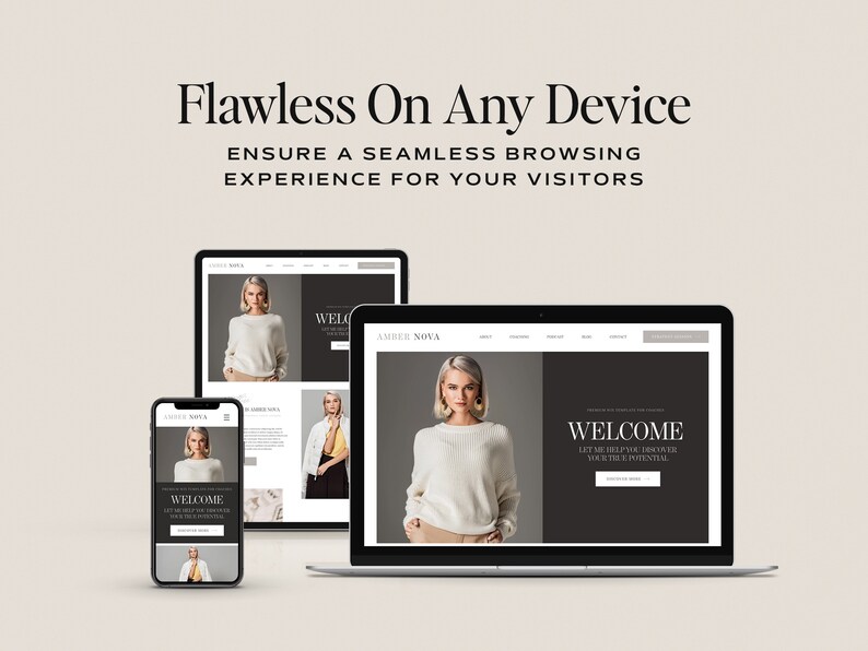 May include: A website design mockup showing a website on a laptop, tablet, and smartphone. The website has a black and white colour scheme with the text "Welcome" and "Let me help you discover your true potential".
