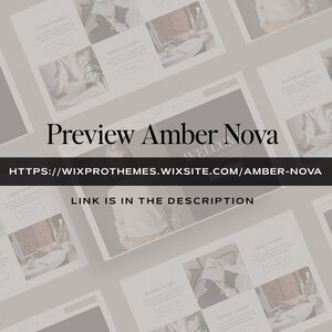 May include: Preview of the Amber Nova Wix website template. The website features a modern design with a light grey background and a black and white colour scheme. The text "Preview Amber Nova" is displayed in a large font size. The website address is displayed below the text. The text "LINK IS IN THE DESCRIPTION" is displayed below the website address.