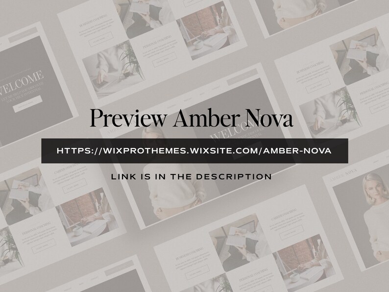 May include: Preview of the Amber Nova Wix website template. The website features a modern design with a light grey background and a black and white colour scheme. The text "Preview Amber Nova" is displayed in a large font size. The website address is displayed below the text. The text "LINK IS IN THE DESCRIPTION" is displayed below the website address.