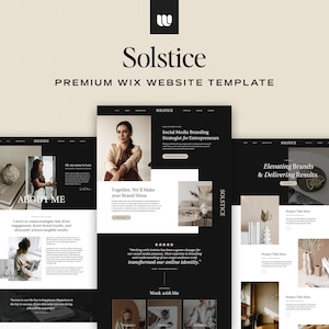 May include: Website template for a social media branding strategist. The template features a black and white colour scheme with a minimalist design. The text "Solstice" is displayed in a bold, sans-serif font. The website includes sections for "About Me", "Work with Me", and "Projects".