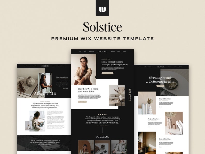 May include: Website template for a social media branding strategist. The template features a black and white colour scheme with a minimalist design. The text "Solstice" is displayed in a bold, sans-serif font. The website includes sections for "About Me", "Work with Me", and "Projects".