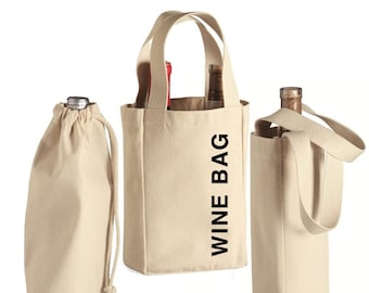 May include: Three different styles of beige canvas wine bags. One bag has a drawstring closure, another has a single handle, and the third has two handles and the text "WINE BAG" printed on the front.