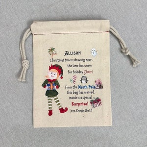 Christmas Elf Bag - Personalized Bag Elf - Arrival Kit Elf Custom bag Christmas gift bag Custom Elf name Cotton Drawstring elf girl elf boy